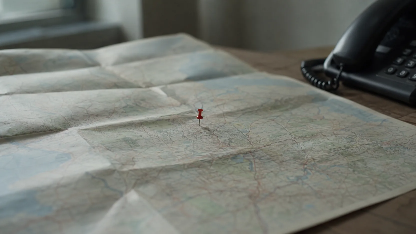Road map with a red push-pin beside a desk telephone