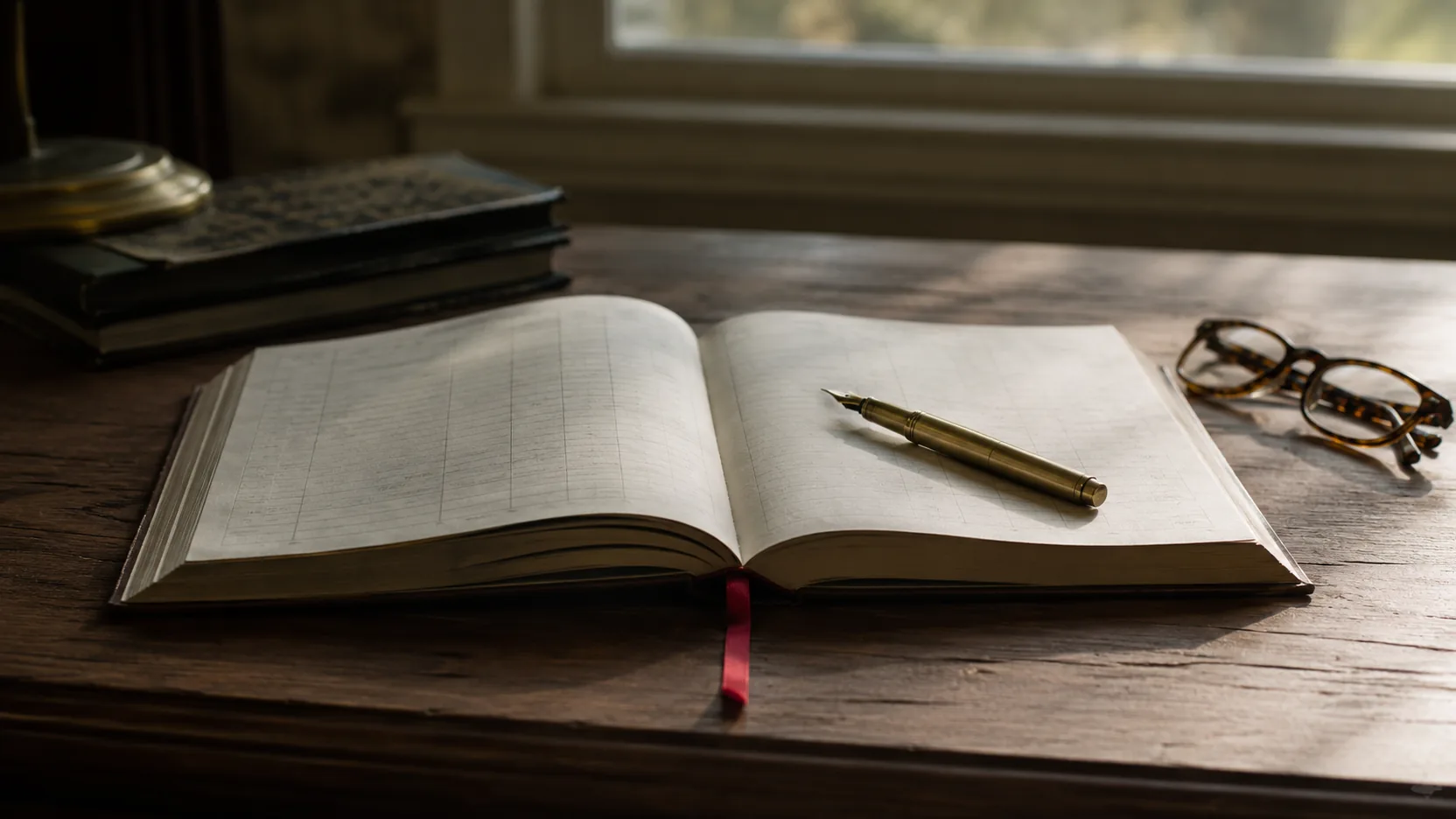 Open ledger and pen on a desk in morning light